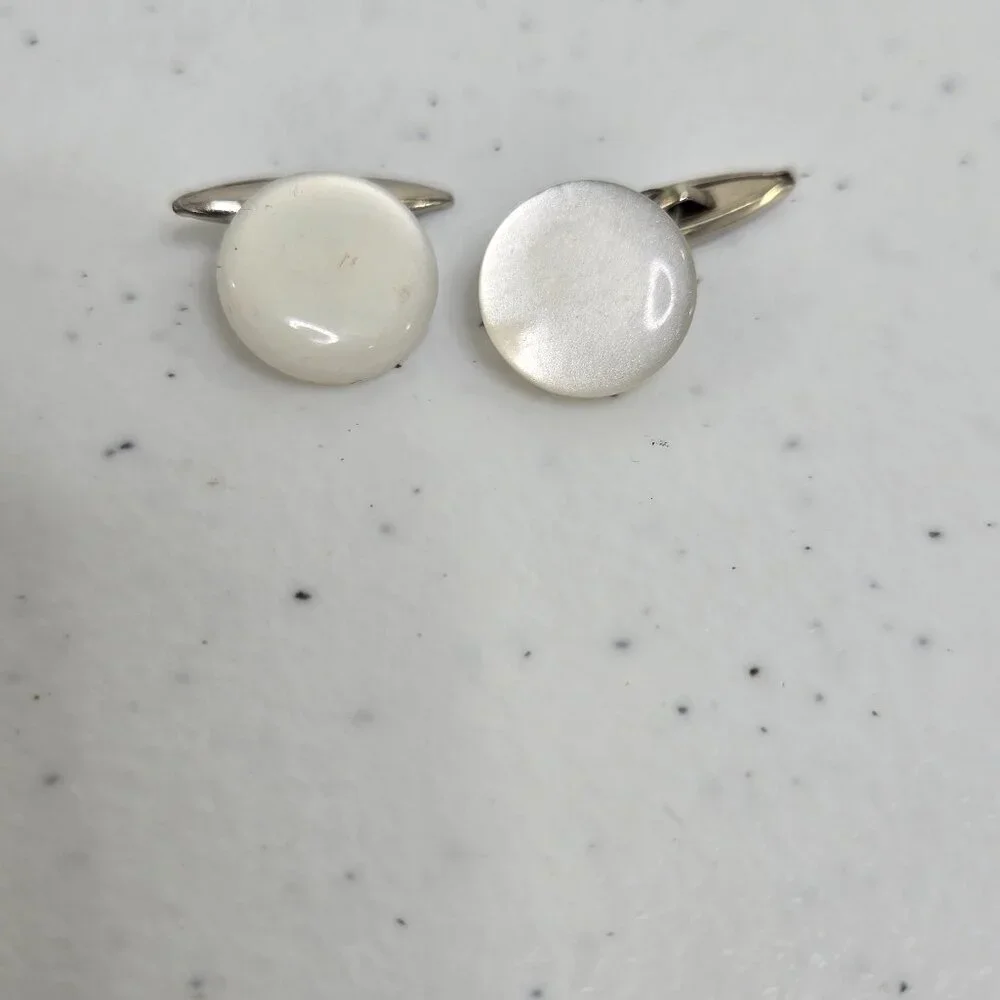 Vintage Mens Cufflinks Large Round Button Style Smooth Plastic Silver Tone White